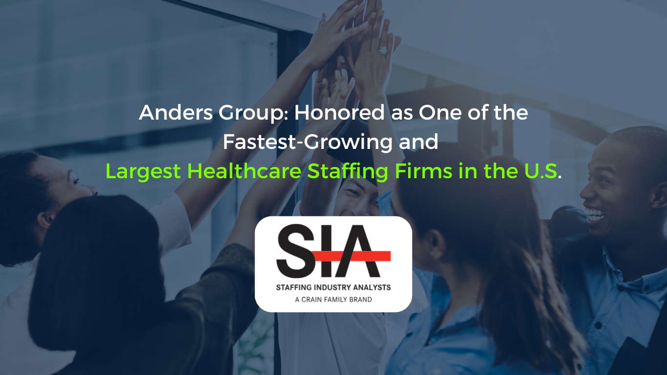 Anders Group team celebrating being ranked among the top U.S. healthcare and allied staffing firms, smiling and raising their hands in excitement