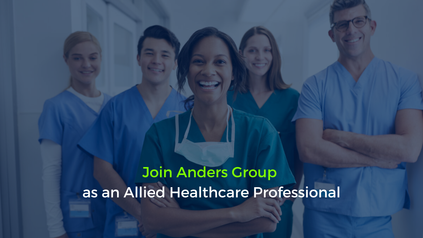 Group of Allied Healthcare Professionals smiling and collaborating, representing various roles in healthcare. Text on the image reads: 'Join Anders Group as an Allied Healthcare Professional.'