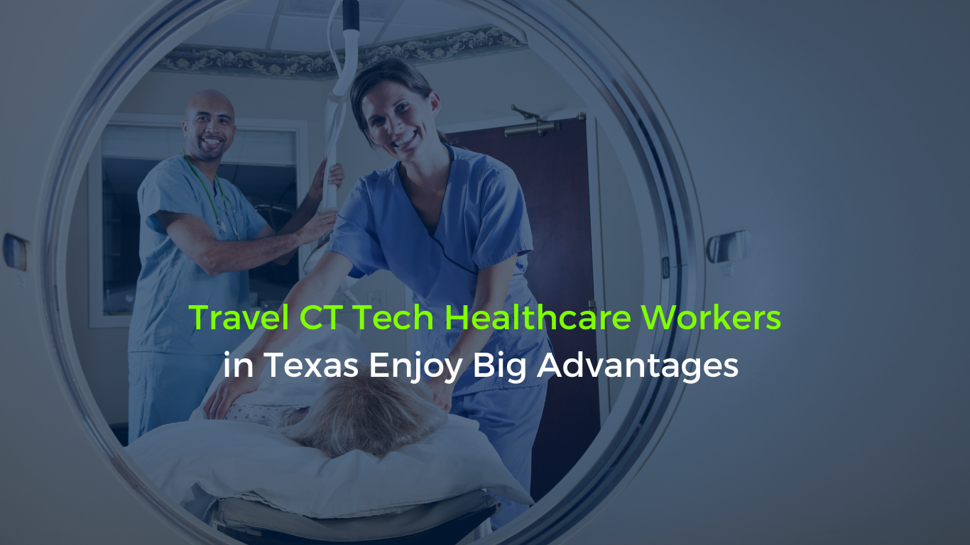 Two healthcare workers in Texas, smiling, under the blog title 'Travel CT Tech Healthcare Workers in Texas Enjoy Big Advantages'