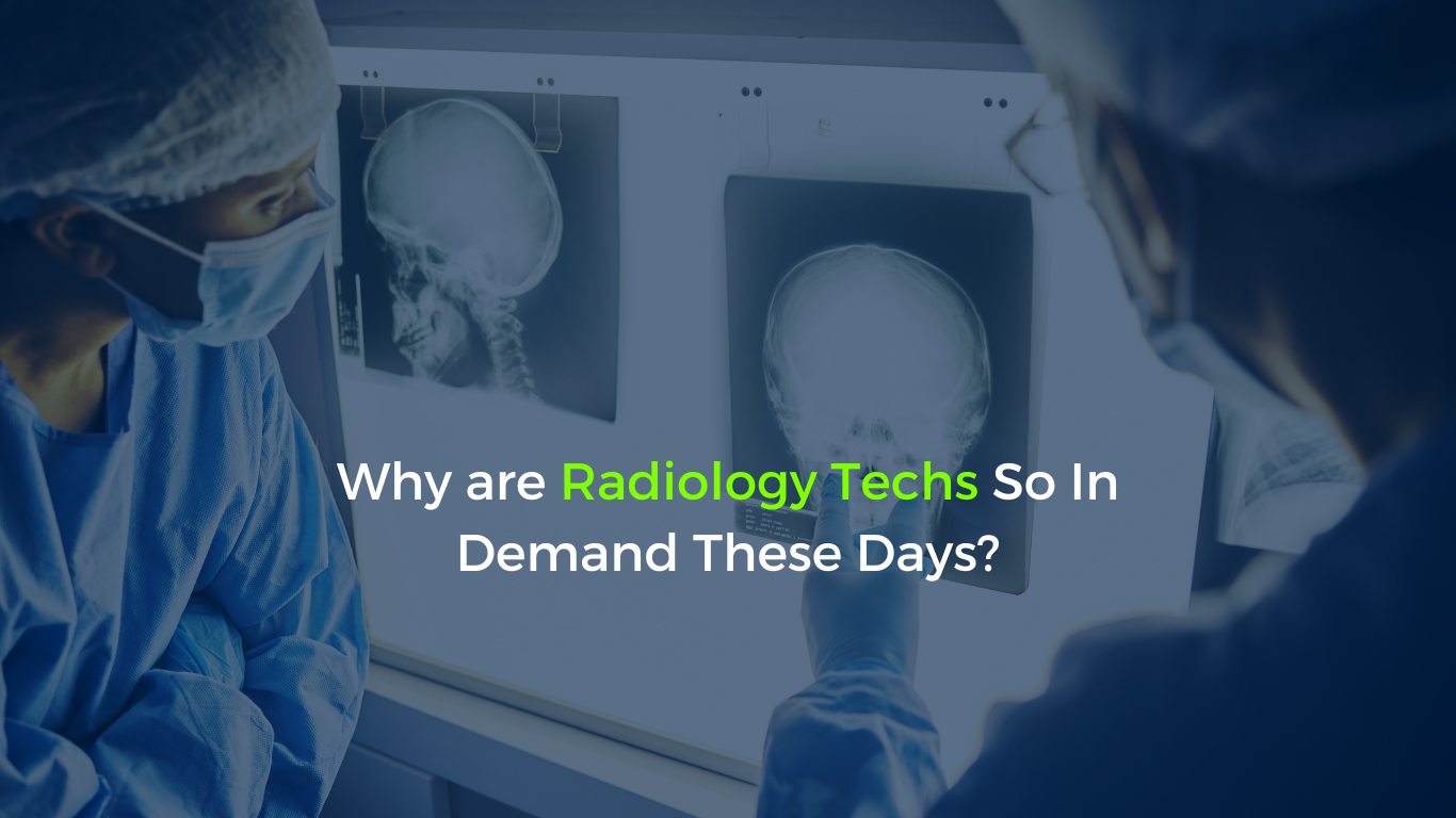 Radiology techs working with medical imaging equipment, illustrating a blog titled 'Why are Radiology Techs So In Demand These Days?